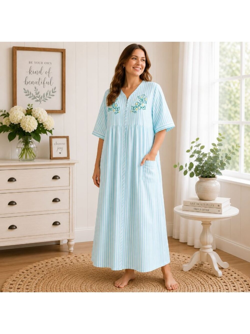 Collections Seersucker House Dress Nightgown Size L VTG Embroider Butterfly Zip